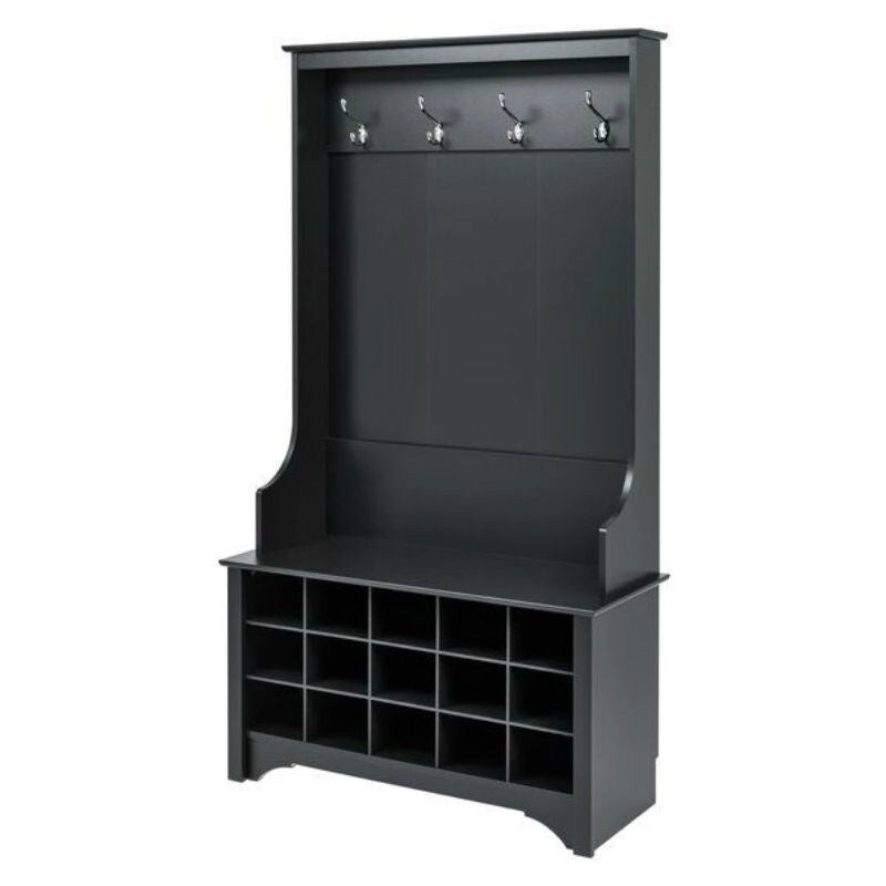Black Entryway Hall Tree Shoe Cubbie Coat Rack - 34.75 W x 14.75 D