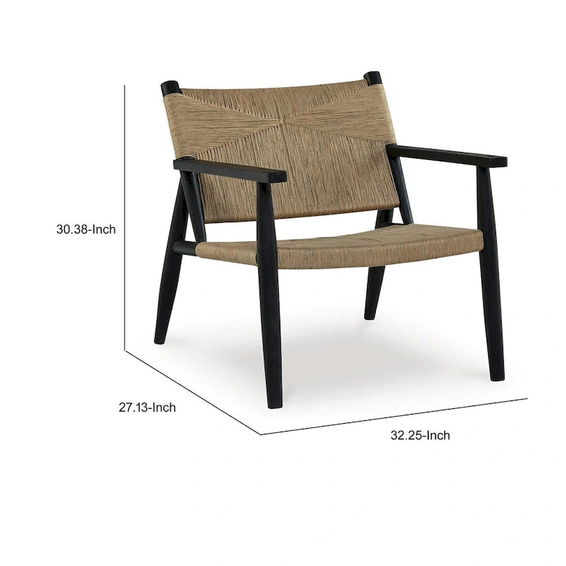 Accent Chair, Natural Brown Jute, Curved Seat, Modern Black Wood Frame