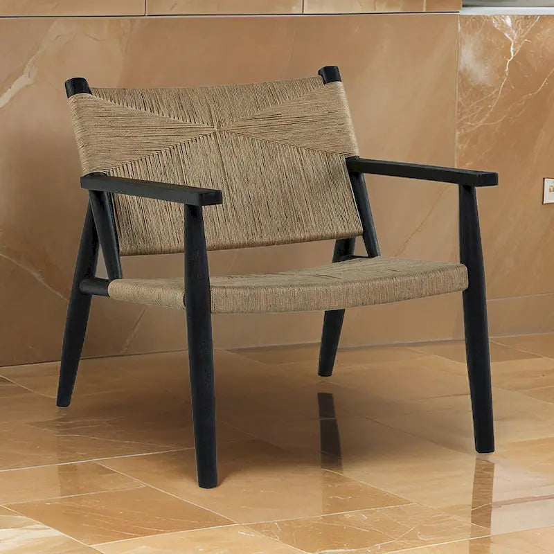 Accent Chair, Natural Brown Jute, Curved Seat, Modern Black Wood Frame