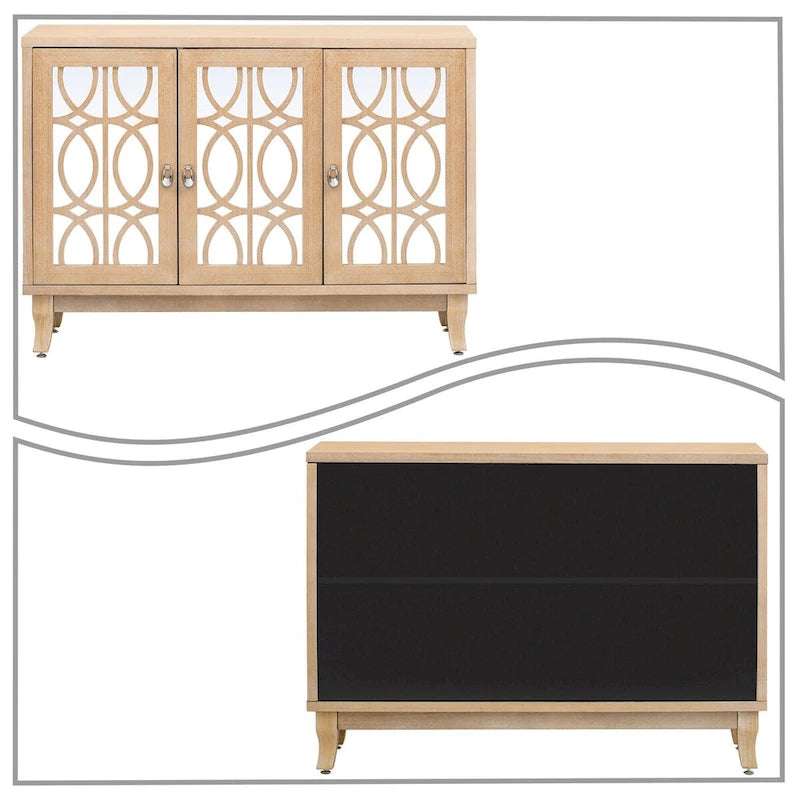 Modern Elegant Wooden Sideboard with Three Mirrored Cabinets Doors