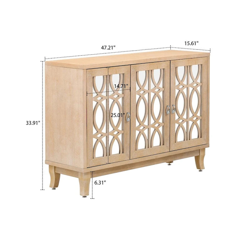 Modern Elegant Wooden Sideboard with Three Mirrored Cabinets Doors
