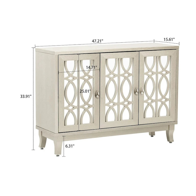 Modern Elegant Wooden Sideboard with Three Mirrored Cabinets Doors