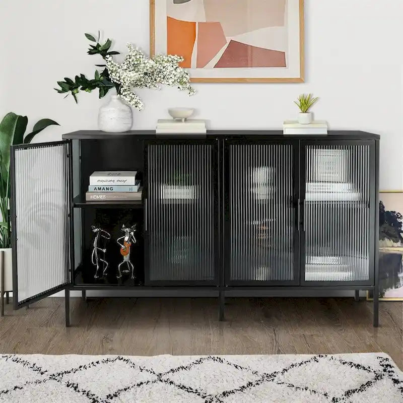 Stylish 4-Door Tempered Glass Cabinet, 4 Glass Doors Adjustable Shelf