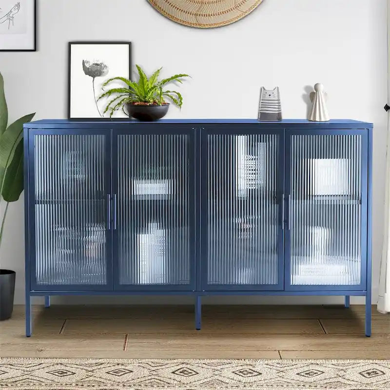 Stylish 4-Door Tempered Glass Cabinet, 4 Glass Doors Adjustable Shelf
