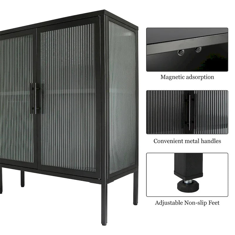 Stylish 4-Door Tempered Glass Cabinet, 4 Glass Doors Adjustable Shelf