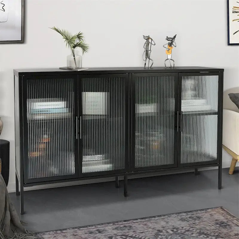 Stylish 4-Door Tempered Glass Cabinet, 4 Glass Doors Adjustable Shelf