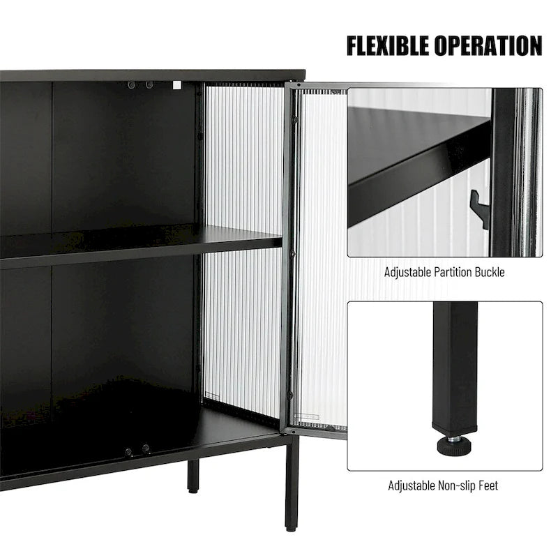 Stylish 4-Door Tempered Glass Cabinet, 4 Glass Doors Adjustable Shelf