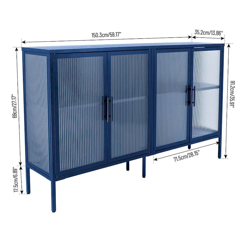 Stylish 4-Door Tempered Glass Cabinet, 4 Glass Doors Adjustable Shelf