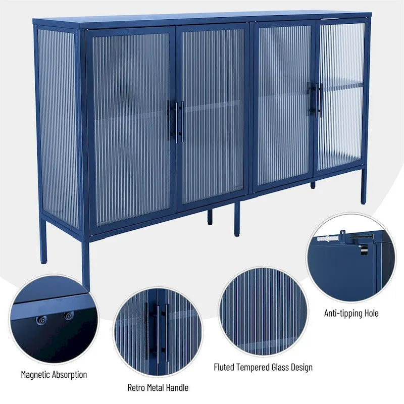 Stylish 4-Door Tempered Glass Cabinet, 4 Glass Doors Adjustable Shelf