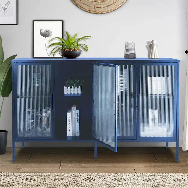 Stylish 4-Door Tempered Glass Cabinet, 4 Glass Doors Adjustable Shelf