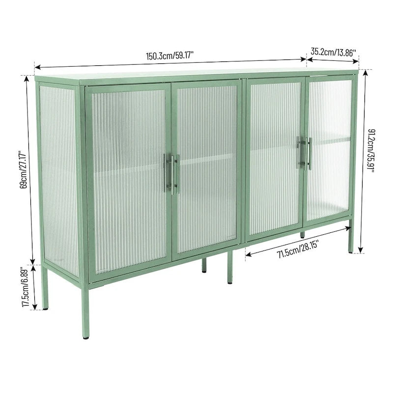 Stylish 4-Door Tempered Glass Cabinet, 4 Glass Doors Adjustable Shelf