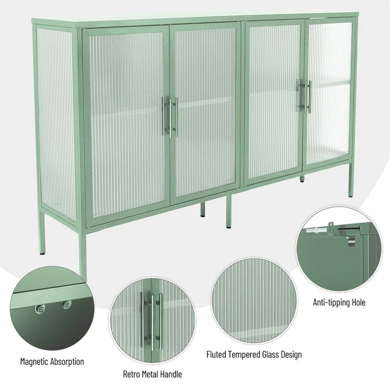 Stylish 4-Door Tempered Glass Cabinet, 4 Glass Doors Adjustable Shelf