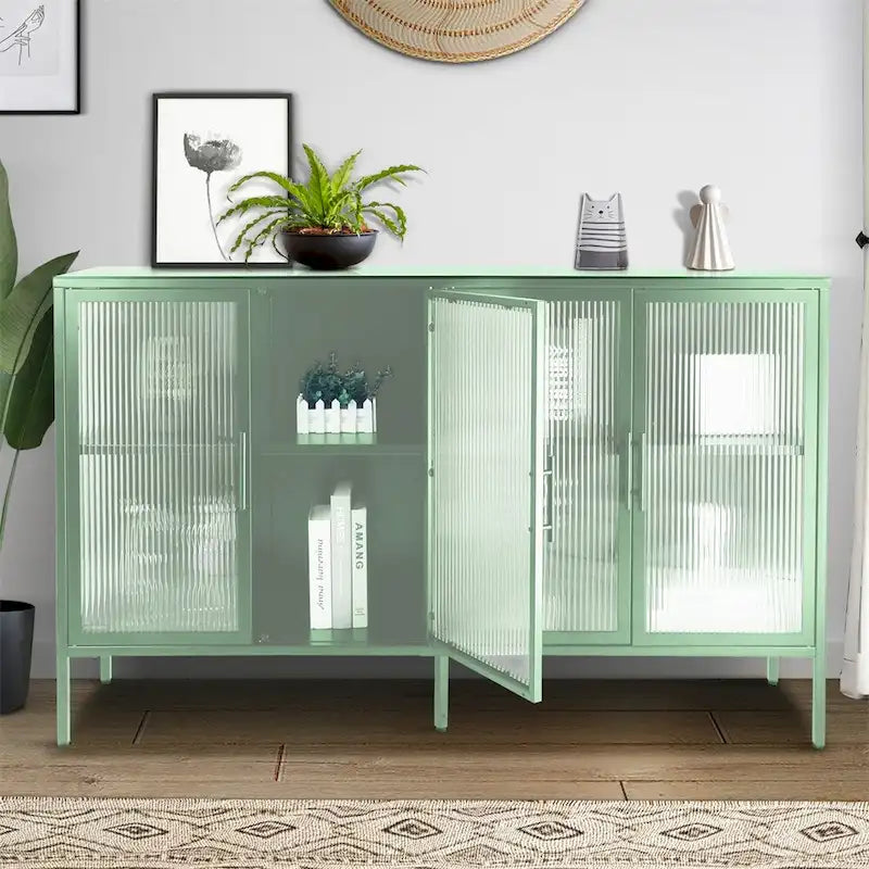 Stylish 4-Door Tempered Glass Cabinet, 4 Glass Doors Adjustable Shelf