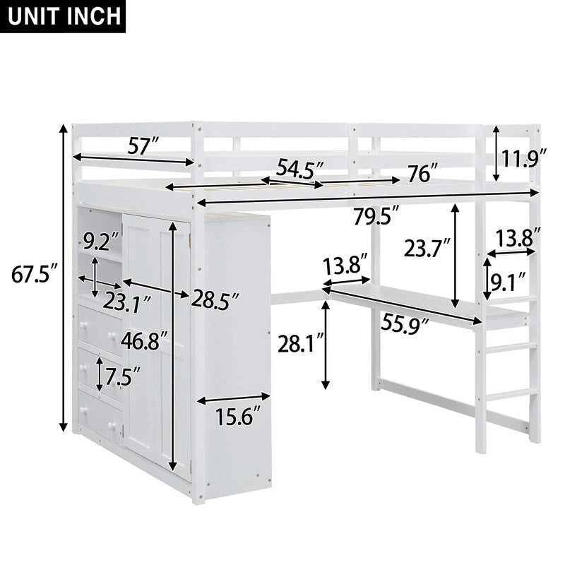 Full Size Wood Loft Bed with Built-in Wardrobe, Desk, Storage Shelves and Drawers