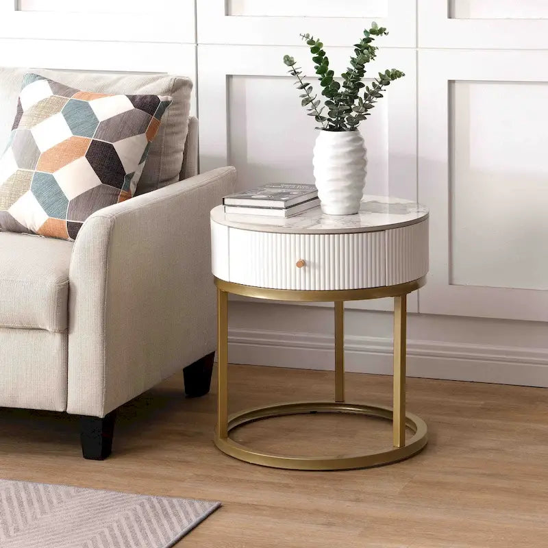 19.68 Inch Marble Round End Table with storage, Modern Nightstand with Drawer, Side Table for Living Room&Bedroom