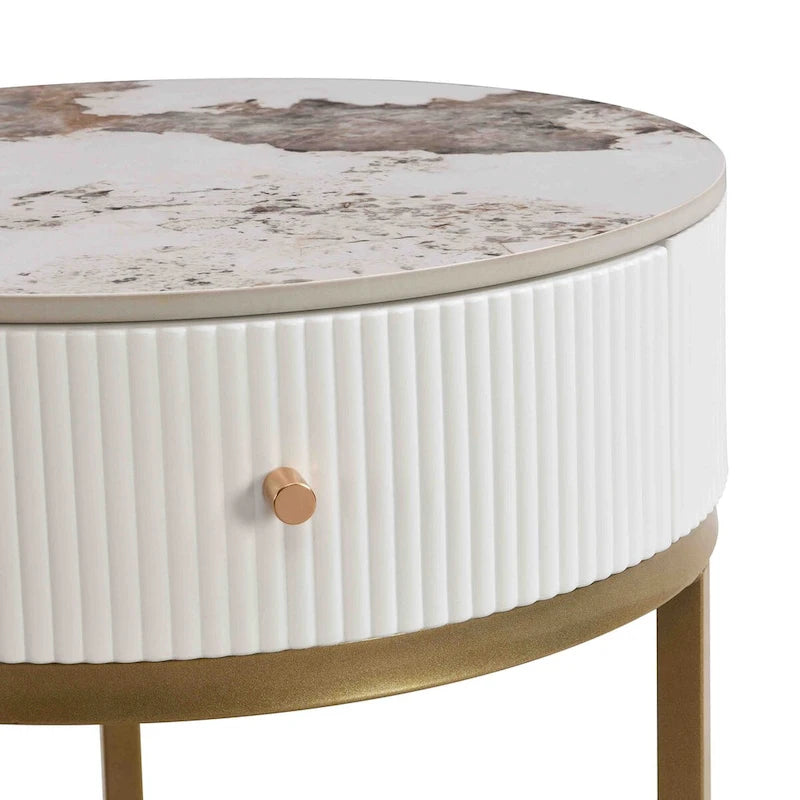 19.68 Inch Marble Round End Table with storage, Modern Nightstand with Drawer, Side Table for Living Room&Bedroom